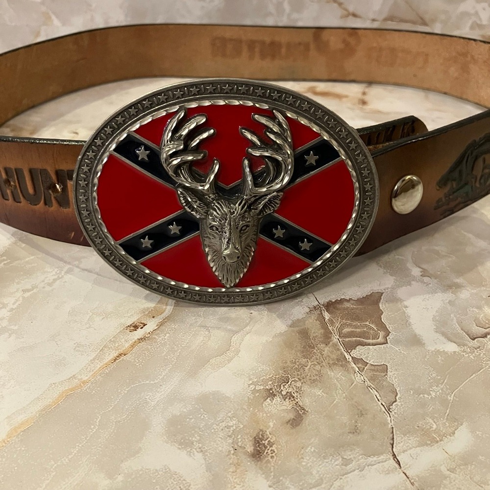 VTG Legends West Rebel Deer Belt Buckle #BB1909 & Leather Deer Hunter Belt